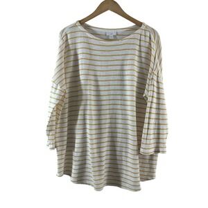 J.Jill Womens Large Striped Cotton Slub Knit Top White Mustard Yellow Relaxed